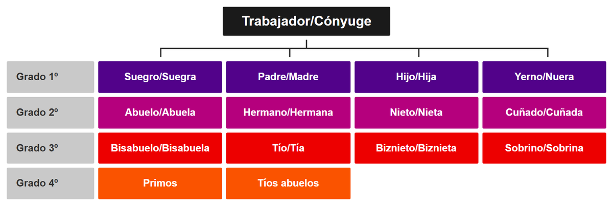 Tabla gráfica de los grados de parentesco por consanguinidad y afinidad, del primer al cuarto grado