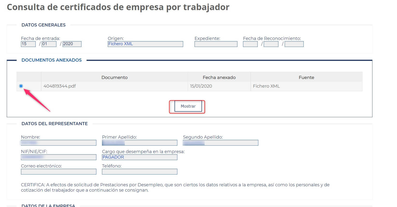 Pantalla de consulta de certificados de empresa por trabajador en la sede del SEPE, con el bloque de documentos anexados y el botón Mostrar