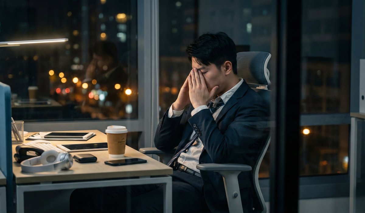 Empleado agotado en la oficina de noche tras una jornada laboral que se alarga más de la cuenta